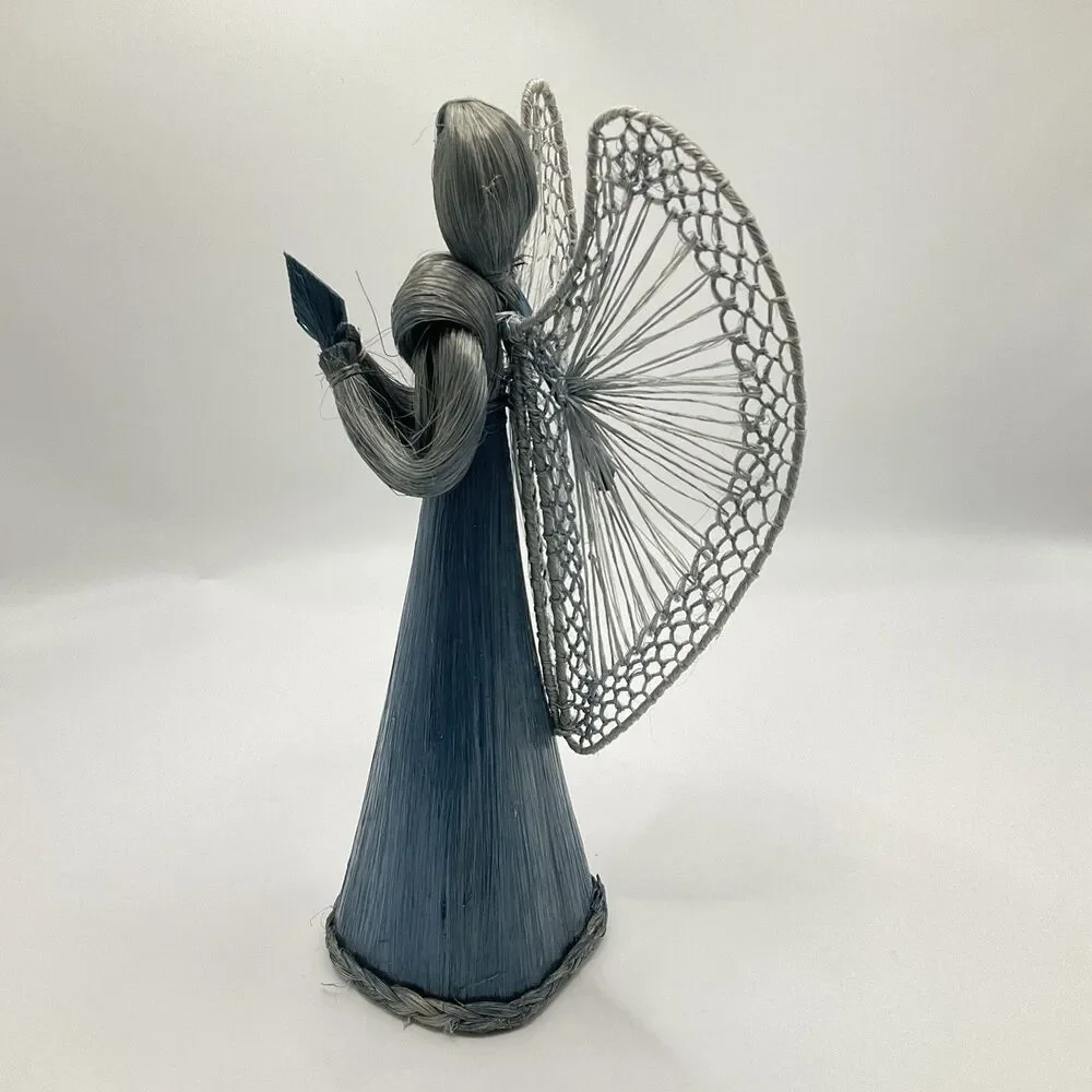 Vintage Handmade Blue Abaca Fiber Angel Christmas Tree Topper Signed 10